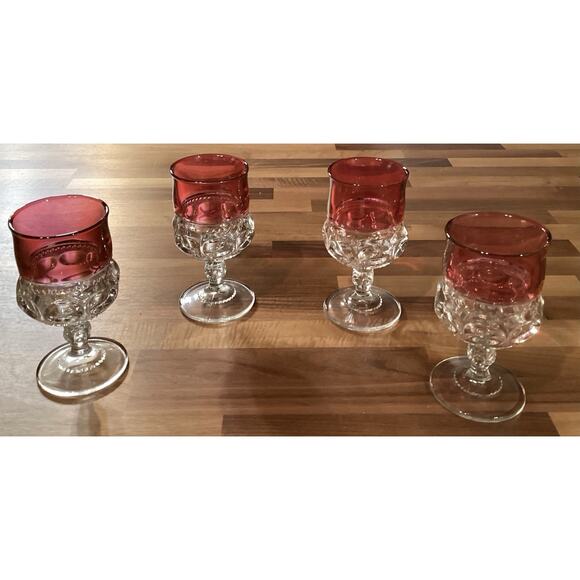 4 Vintage Tiffin Glass King’s Crown Flashed Cranberry Thumbprint Wine Glasses - Picture 5 of 9